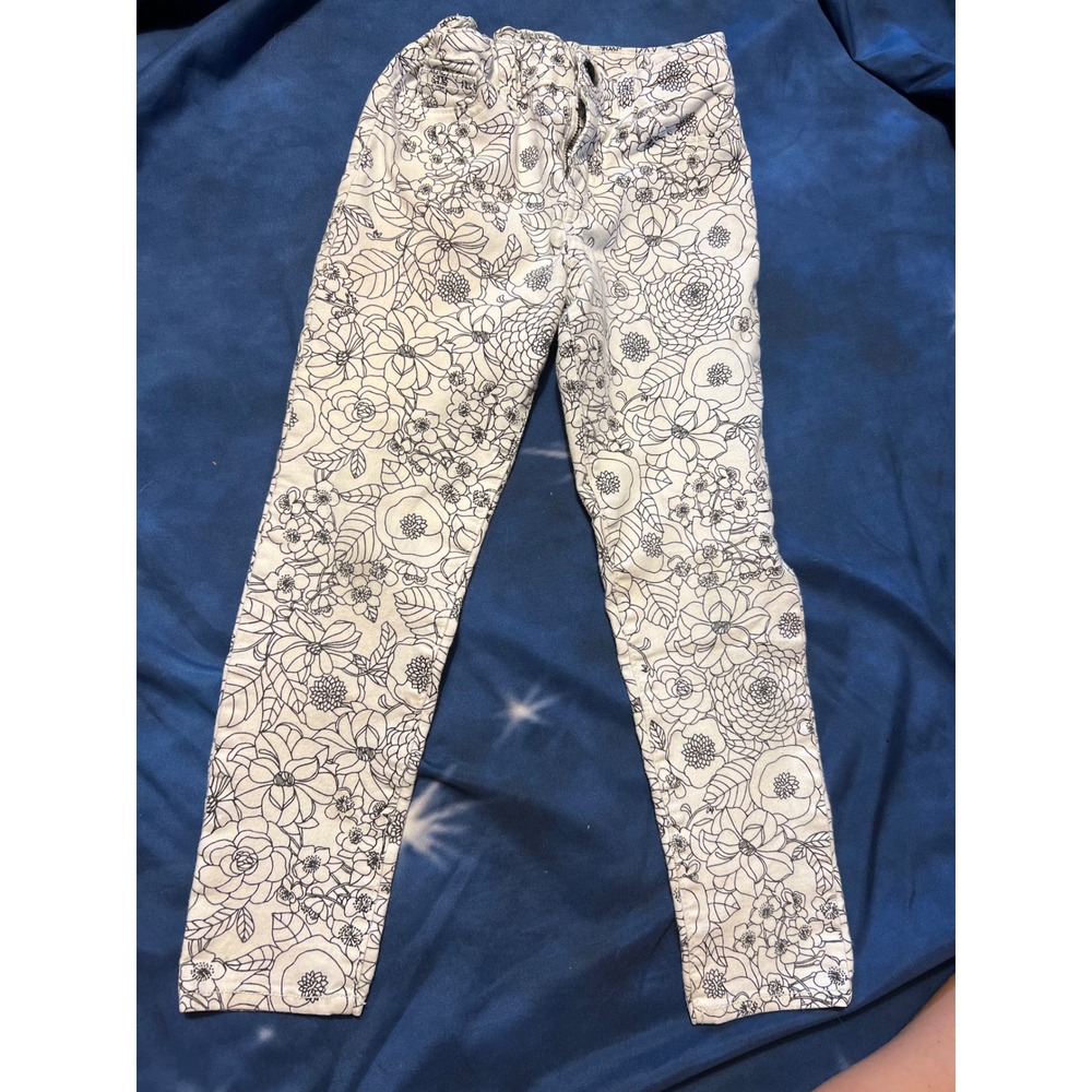 Cherokee Girls White Black Floral Print Skinny Pants Adjustable Waist Size 6